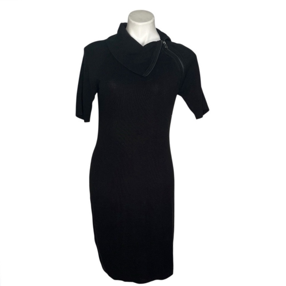 CALVIN KLEIN Black Sweater Dress Asymmetrical Zipper Neckline Knit Size Medium